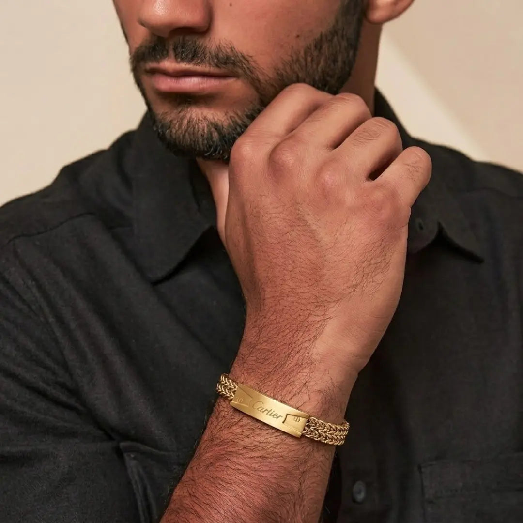 18K Gold Filled Script ID Bar Franco Chain Bracelet – Engraved Cursive Bar Franco Mesh Link Bracelet for Men